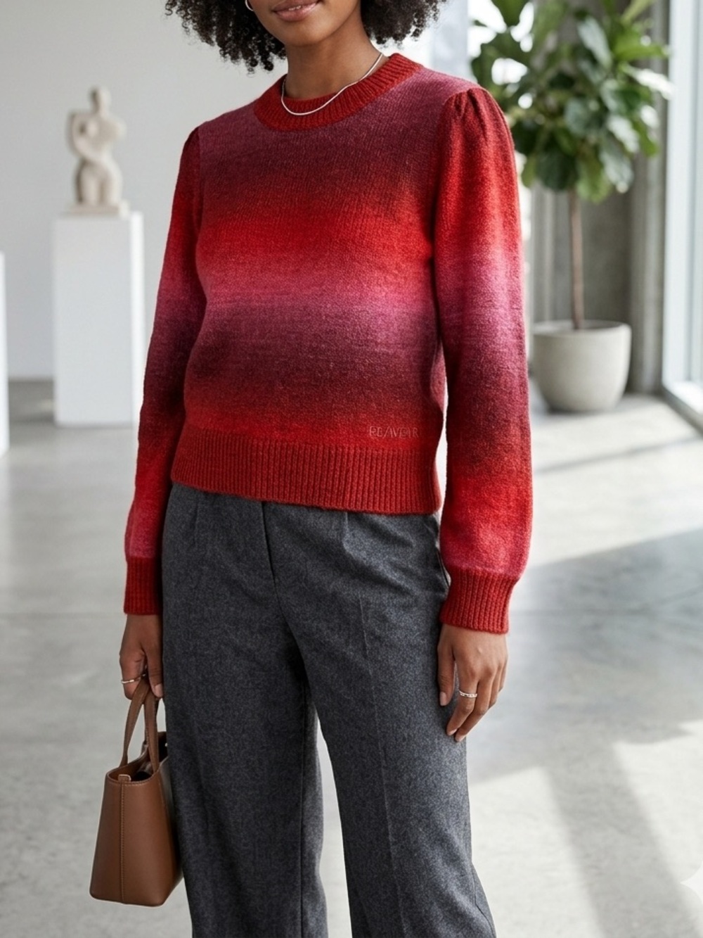 NWT Marine Layer Ayla Ombre Stripe Puff Sleeve Sweater Red Pink size L ❤️